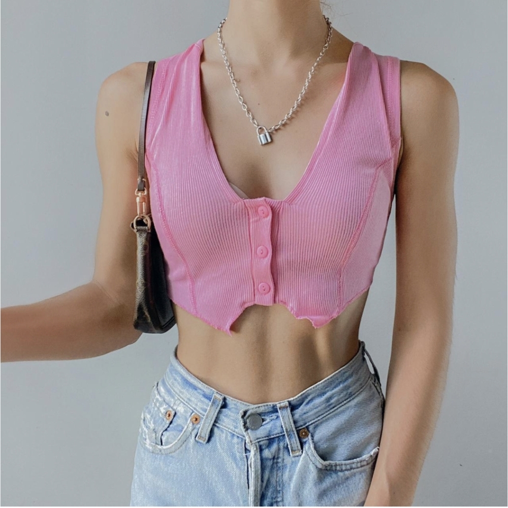 Urban Outfitters Tank Top Size Medium Crop Cotton Pink V Neck Buttons